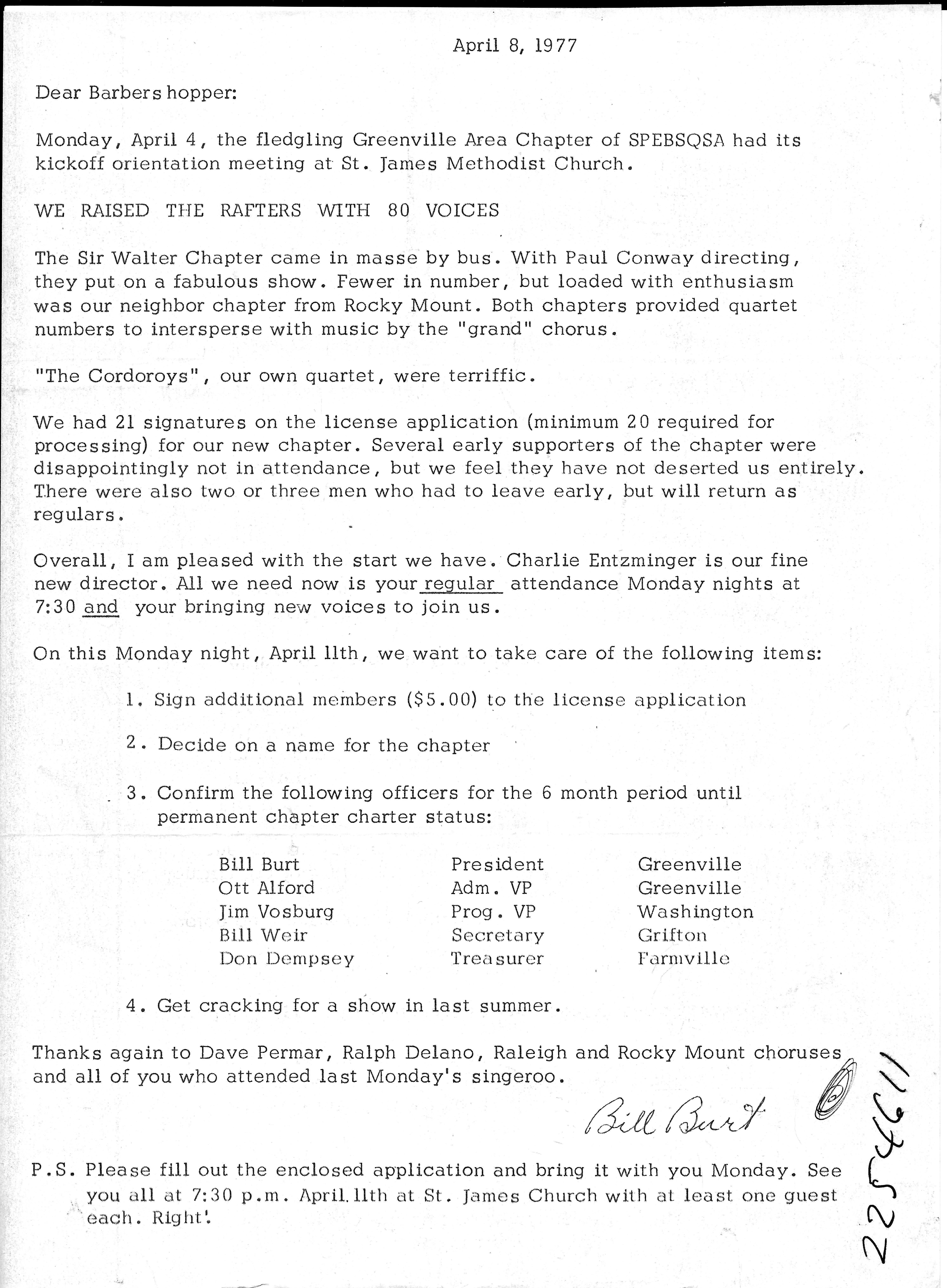 Letter of organization April 8 1977